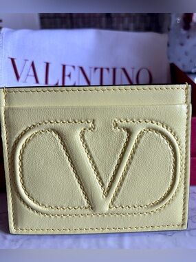 Valentino Pale Yellow Embossed V Card Holder